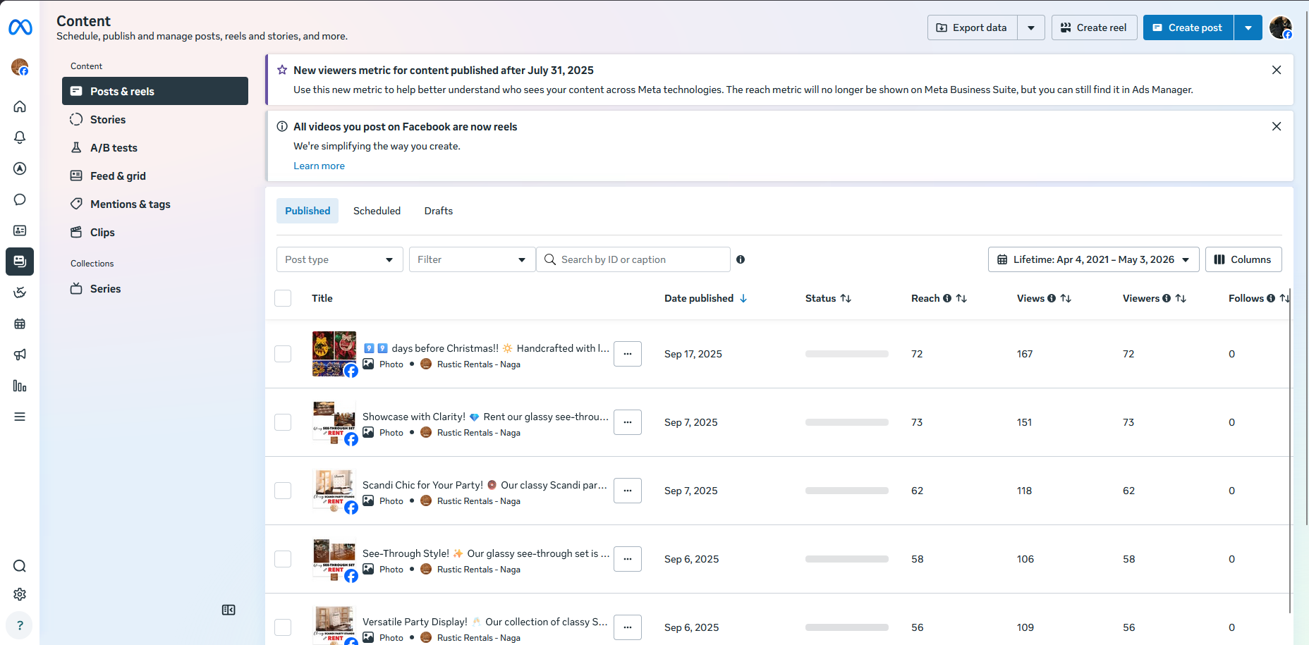 Facebook Page Content Management for Rustic Rentals - Naga — project screenshot
