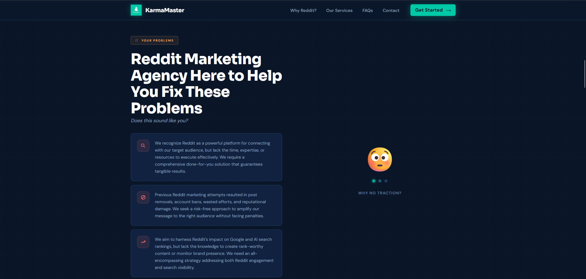 KarmaMaster – Reddit Marketing Agency Website — Your Problems