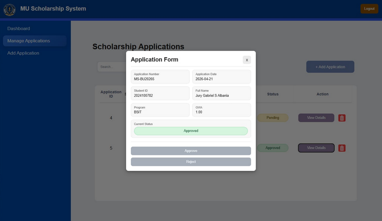 Scholarship Management System — Application Form screenshot